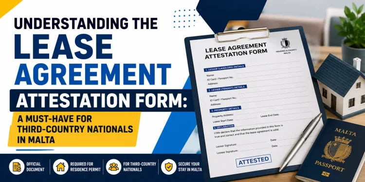 Lease Agreement Attestation Form in Malta with rental documents, house model, and passport, explaining accommodation requirements for third-country nationals applying for residence permits.