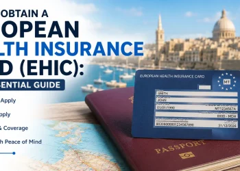 How to obtain a European Health Insurance Card (EHIC) in Malta, showing an EHIC card, passport, and travel healthcare documents for European travel.