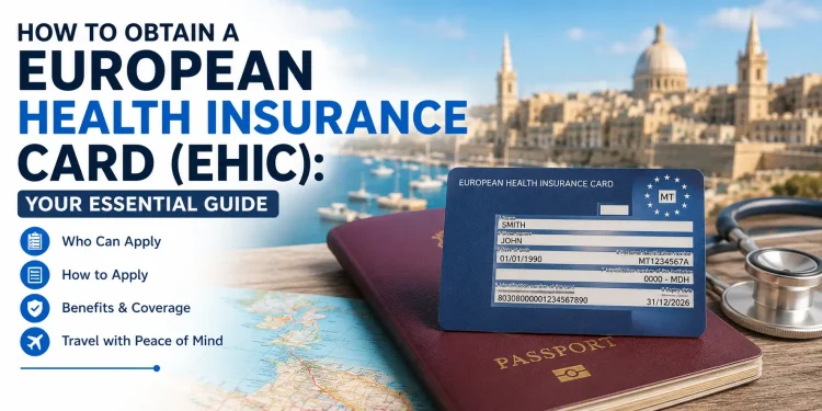 How to obtain a European Health Insurance Card (EHIC) in Malta, showing an EHIC card, passport, and travel healthcare documents for European travel.
