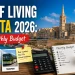 Cost of living in Malta in 2026 showing a monthly budget breakdown including rent, groceries, transport, utilities, and daily expenses for foreign workers and residents.